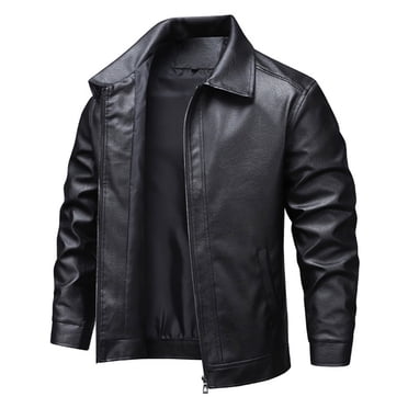 Leather Jacket Men Faux Leather Jacket Men Solid-Color Fashionable Zipper Pocket Windproof Warm Long Sleeve Hoodless Faux Leather Outwear Jacket Long Jacket for Men Faux Leather Jacket Men