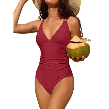 Charmo Maillots de Bain une Pièce pour Femmes à Col en V, Contrôle du Ventre, Monokini Froncé