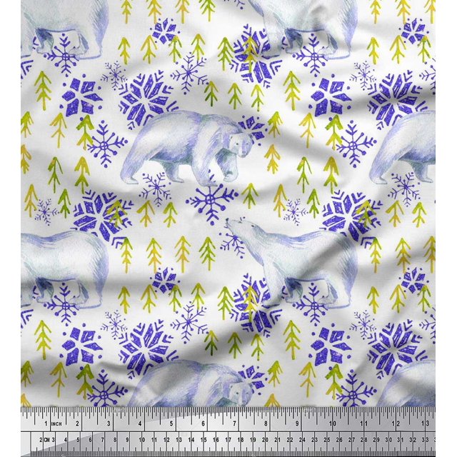 Soimoi Rayon Fabric Snowflake & Polar Bear Animal Print Fabric by Yard 56 Inch Wide