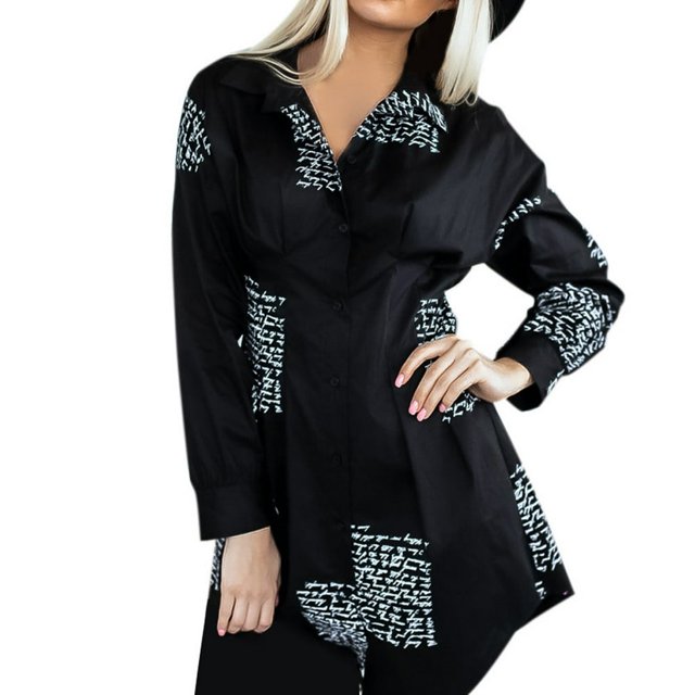 Fashion Women Plus Size Turn Down Collar Letter Print Buttons Mini Shirt Dress