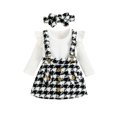 thumbnail image 1 of goowrom Toddler  Clothes Set, Solid Ribbed Long Sleeve Ruffled Romper + Plaid Print Suspender Skirt + Headband, 1 of 9