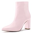 thumbnail image 1 of Unique Bargains Women's Pointed Toe Zipper Patent Leather Ankle Chunky Boots, 1 of 7