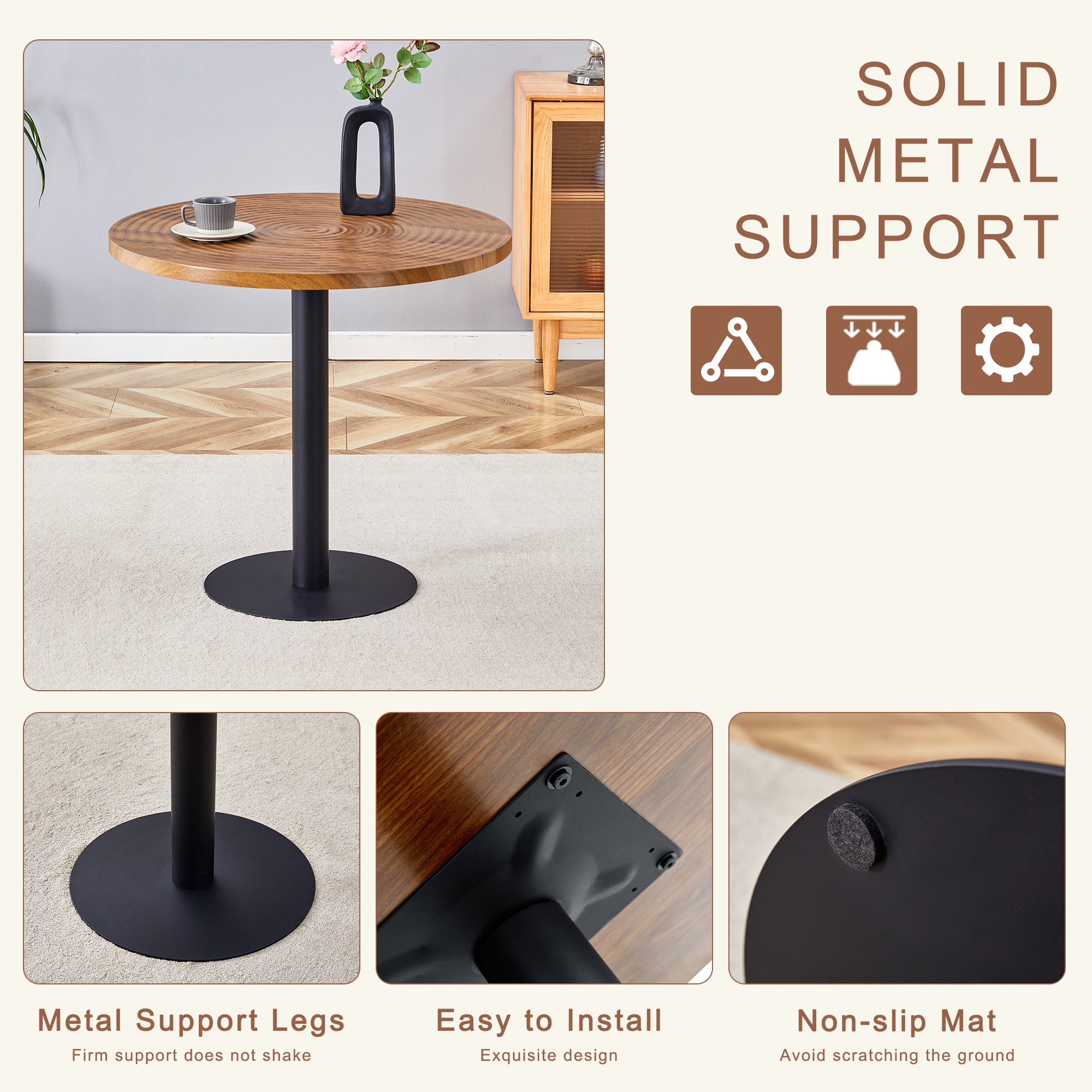 Table de salle à manger ronde Noble House 80 cm, grain de bois foncé avec texture annulaire, noir, bois