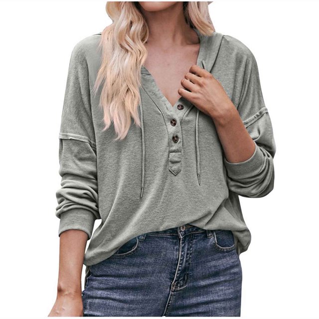 CEHVOM Chandail à Capuchon à Manches Longues pour Femmes, Mode, Uni, Col en V, à Boutons, Liquidation