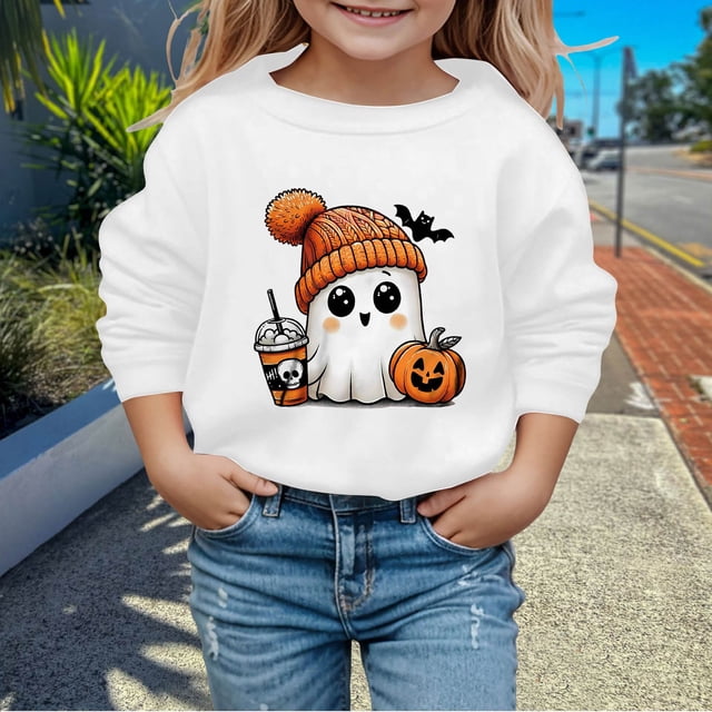 PMVFHDE Chandails à Capuchon et Chandails pour Filles Mode Enfants Halloween Mignon Imprimé Col Rond Sans Capuche Chandail à Manches Longues pour Filles Blanc, 7-8 Ans