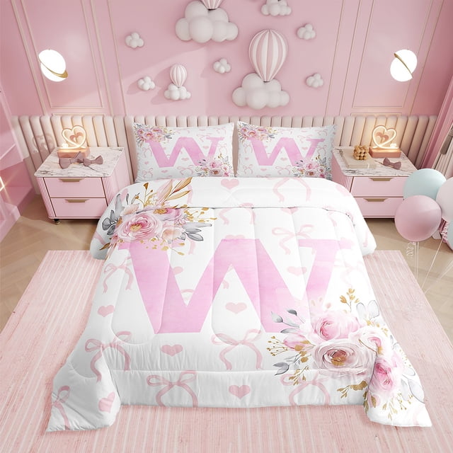 Erosebridal Ensembles de Literie Initiale A-Z de Rêve Très Grand avec Couette, Insert de Couette Lettre Initiale W, Déco Rose Rose, Réversible 3 Pcs