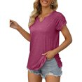 thumbnail image 1 of pitrice Summer Pleated Short Sleeve Solid Color Splicing V Neck T-Shirt Casual Basic Tops Female Shirts Daily Tees for Brick red M, 1 of 9