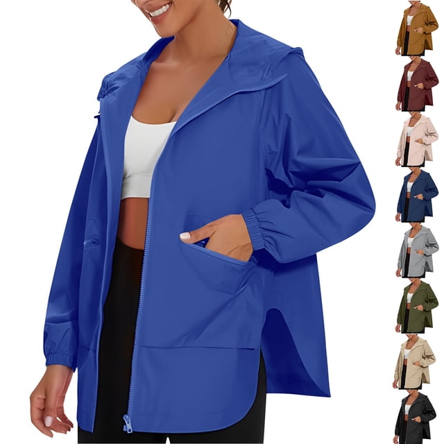 Sentmoon Womens Lightweight Jackets Plus Size Hooded Neck Long Sleeve Womens Winter Coat Zipper Solid Color Windproof Waterproof Womens Clothes Trendy Fall and Winter for Running and Hiking