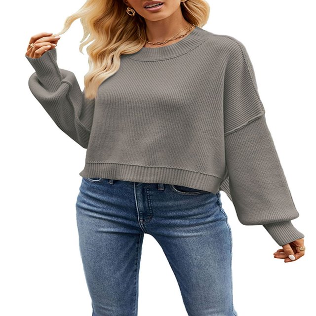 Women Knit Sweater Long Sleeve Crew Neck Solid Loose Pullover