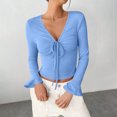 thumbnail image 2 of Plebaso Women's Spring Summer Tops Crop Bell Long Sleeve Ribbed Shirts V Neck Drawstring Casual Knit Tee, 2 of 6