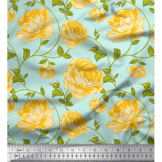 Soimoi Tissu en Poly Georgette Feuilles & Roses Imprimés Floraux au Mètre 42 Pouces de Large