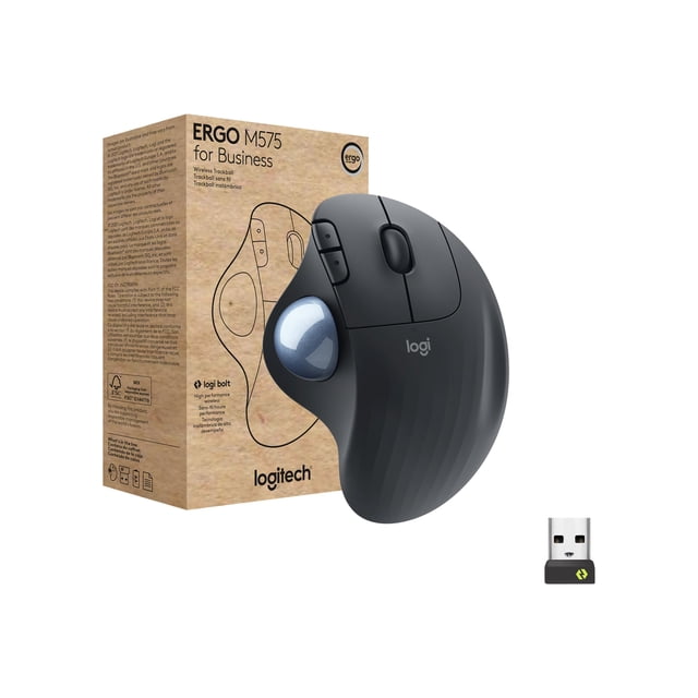 Logitech Ergo Series Ergo M575 for Business Souris trackball Sans Fil en graphite, Présentant un design Ergonomique Sculpté avec une trackball à Commande par Pouce Réactive. Inclut une Connectivité Bluetooth 5.0 LE et 2,4 GHz avec un Récepteur USB à Boulon Logi. le Produit Est Montré aux Côté de Son Emballage Écoresponsable et du Récepteur USB.