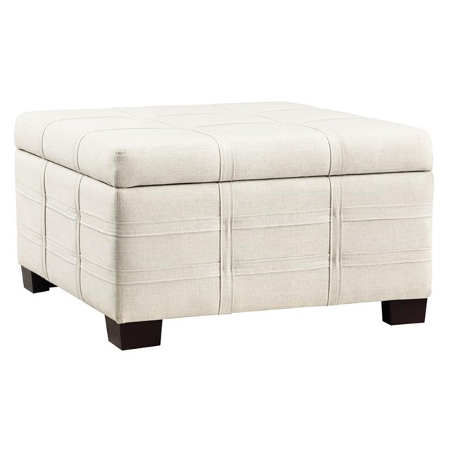Detour Strap Square Storage Ottoman in Linen White Fabric