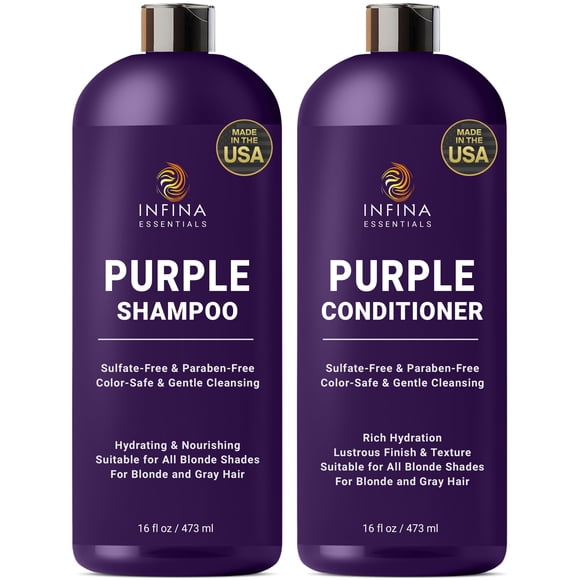 INFINA ESSENTIALS Purple Shampoo and Conditioner Set - Sulfate Free, Enriched with Coconut Oil & Aloe Vera, Ideal for Blonde, Gray, Brassy & Color Treated Hair, Nourishe