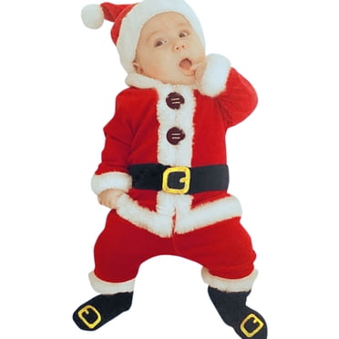 Santa Christmas Baby Outfit Complete 4PCS Set with Tops Pants and Festive Hat for Boys Holiday Celebration