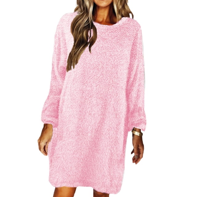MAWCLOS Robes Mini pour Femmes Robe Chandail à Col Rond Chandail Uni Chandail Décontracté d'Hiver à Manches Longues Rose G