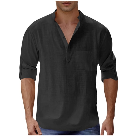 hotojiny Linen Shirts for Men Lightweight Roll up Long Sleeve Shirt Casual Beach Button Henley T-Shirt Vacation Tops with Pocket