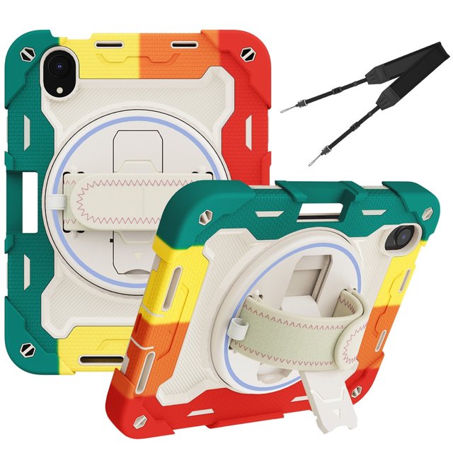XYX 3in1 Rotating Stand Case for iPad Mini 7 A17 Pro 2024/iPad Mini 6 2021 8.3 inch with Hand/Shoulder Strap, Shockproof Rugged, Colorful Red