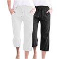thumbnail image 1 of Timegard 2pc Capri Pants for Women Cotton Linen Elastic Waist Loose Lounge Crop Pants Pockets Solid Color, 1 of 7