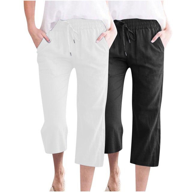 Timegard 2pc Capri Pants for Women Cotton Linen Elastic Waist Loose Lounge Crop Pants Pockets Solid Color