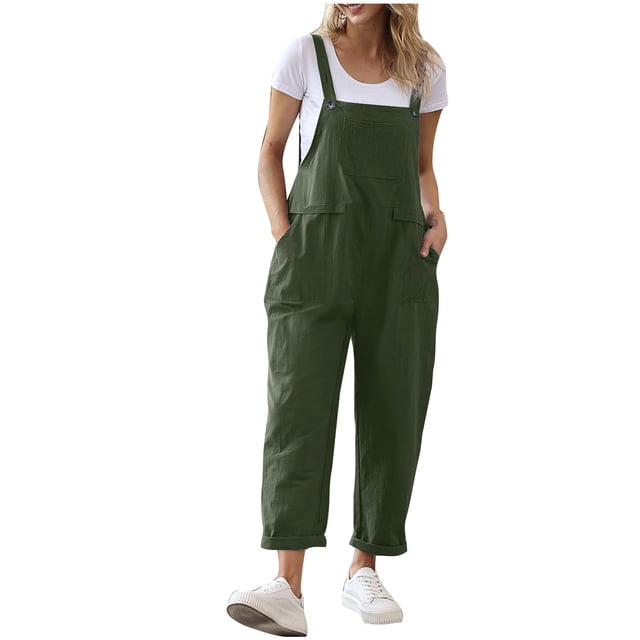 AherBiu Cotton Linen Jumpsuits for Women Sleeveless Suspender Overalls Pants Rompers with Pockets