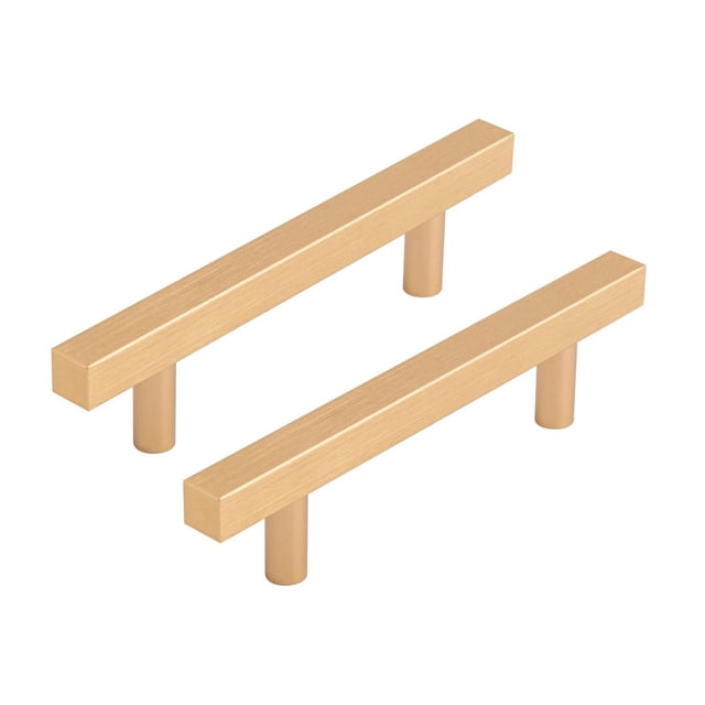 Era Square Pull Cabinet 2-Pack in brushed gold finish, featuring two metal pulls with square edges and clean lines, ideal for modern and industrial cabinetry, each measuring 5.90 x 0.47 x 1.30 inches with included hardware.