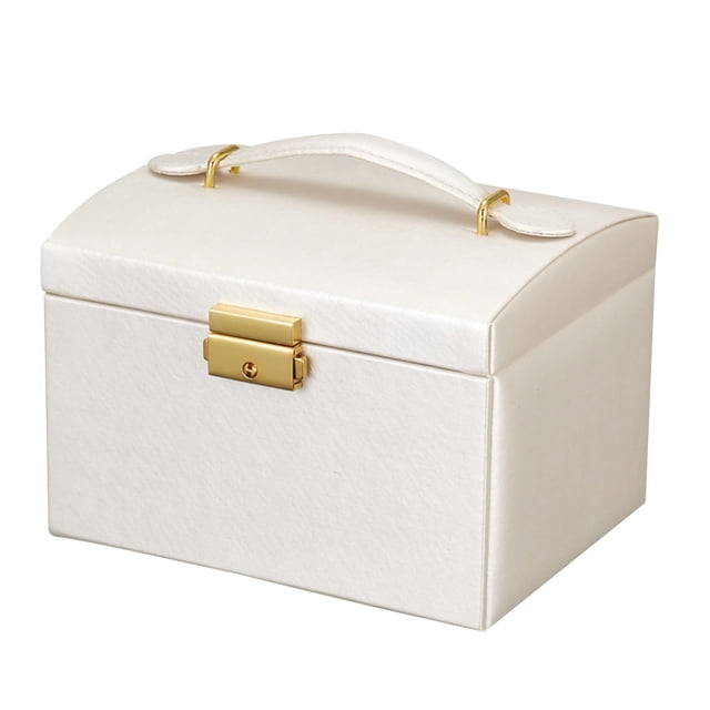 Mefallenssiah Women's Jewelry Box Storage Box, a three-layer leather jewelry storage box with a lock. The box features a sleek white leather exterior with a gold-tone lock and handle. Designed for organizing necklaces, bracelets, earrings, rings, and more, it includes a detachable suitcase in the bottom drawer for travel convenience. The interior is lined with soft velvet to protect jewelry from scratches. Dimensions are 17x12.5x12cm, and it comes with a key for added security.