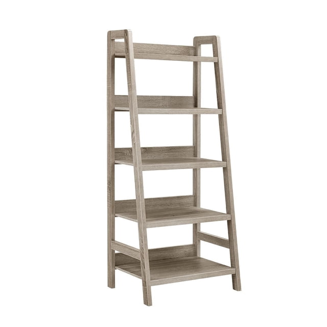 Ira Ladder Bookcase with five open shelves increasing in size from top to bottom, finished in grey wash paper veneer. Its minimal midcentury design is ideal for displaying books, plants, and collectibles in home offices, bedrooms, or living rooms.