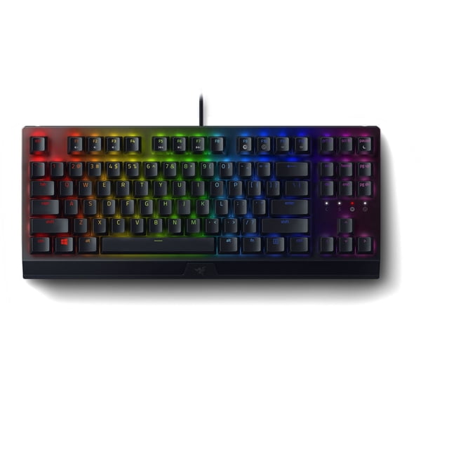 Razer BlackWidow V3 Tenkeyless mechanical gaming keyboard for PC, featuring a compact tenkeyless design with Razer™ Mechanical Switches for gaming precision. The keyboard showcases customizable Razer Chroma RGB backlighting with 16.8 million color options, a durable aluminum matte top plate, and fully programmable keys. Includes hybrid on-board memory and cloud storage for up to 5 profiles, N-key rollover, anti-ghosting, and cable routing options. Designed for gamers seeking performance and personalization.