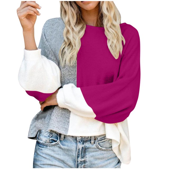 Pisexur Chandails pour Femmes Tendance Manches Longues Col Rond Chandails Décontractés Patchwork Colorblock Chandails d'Automne Blouse Hauts Chandail Ample Surdimensionné Chandails pour Femmes