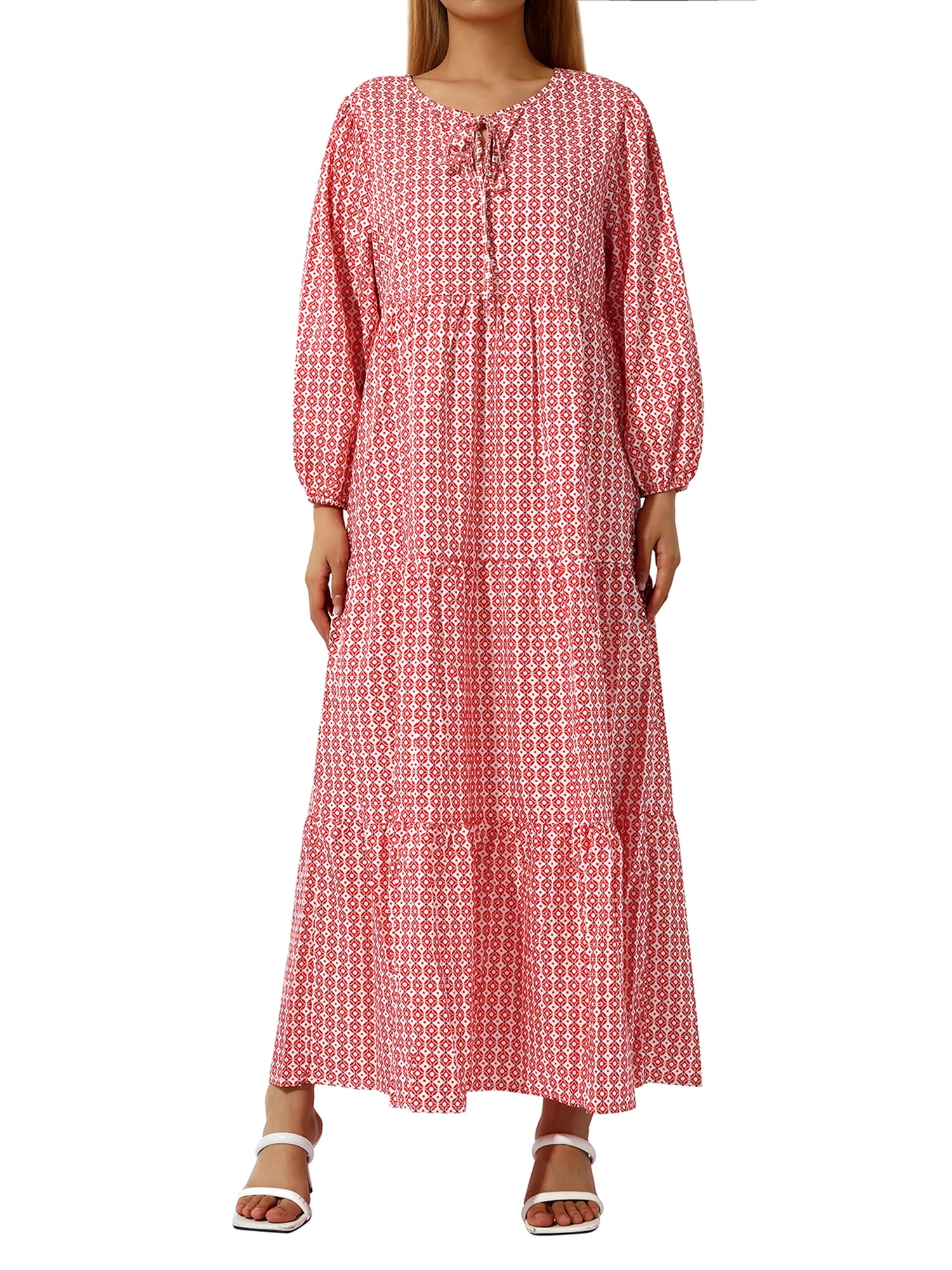 Kmbangi Robe Longue pour Femmes à Imprimé Géométrique, Col en V, Manches Longues Bouffantes, Coupe Ample, Robe Mode pour le Printemps et l'Été