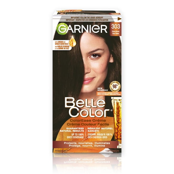Garnier Belle Color Permanent Hair Dye, 303 Ebony Brown, 100% Grey Coverage, Enriched with Argan Oil and Wheat Germ Oils - 1 Application