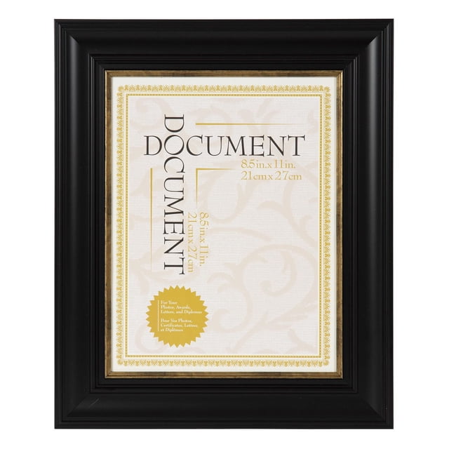 Cadre de Document Noir et or Stephan avec Cadre Noir Orienté vers l'Avant et Bordure Intérieure Dorée Entourant un Espace Réservé de Document de 8,5 par 11 Pouces avec une Bordure Dorée Décorative, Idéal pour Exposer des photos, des Certificats Ou des Récompenses sur des Murs Ou des tables.
