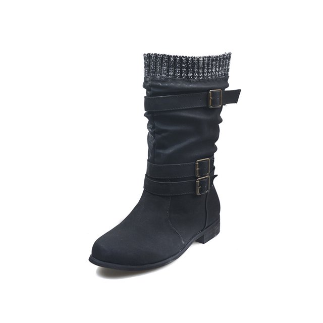 MAWCLOS Ladies Winter Shoes Slouch Leather Riding Boot Belt Buckle Comfort Mid-Calf Boots Round Toe Outdoor Pull On Shoe Black 5.5