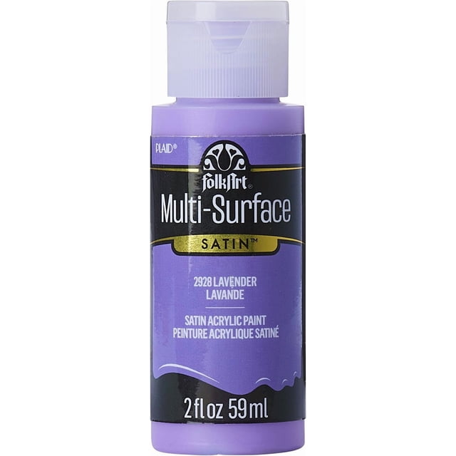 FolkArt Multi-Surface Satin Acrylic Paint 2 fl. oz. bottle in lavender with a white flip-top cap, suitable for crafts on wood, canvas, fabric, and ceramics, featuring a satin finish and smooth application.