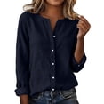 thumbnail image 3 of FAVIPT Womens Long Sleeve Cotton Linen Tops V Neck Button Front Shirts Loose Casual Spring Tunic Blouses Navy,S, 3 of 9