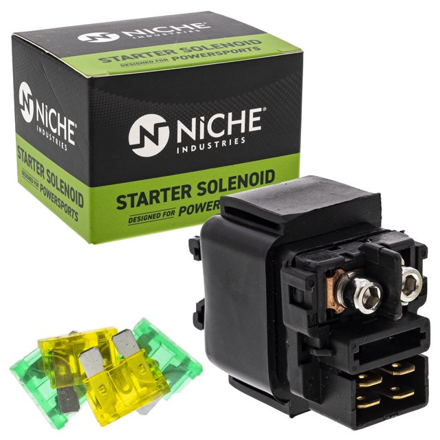 Niche Starter Relay for Kawasaki Vulcan 1500 KLR650 Motorcycle 519-CSS2286L featuring a black starter solenoid relay switch designed for 12-volt systems. Compatible with Kawasaki models such as Vulcan 1500 and KLR650. Includes additional fuses and branded packaging.
