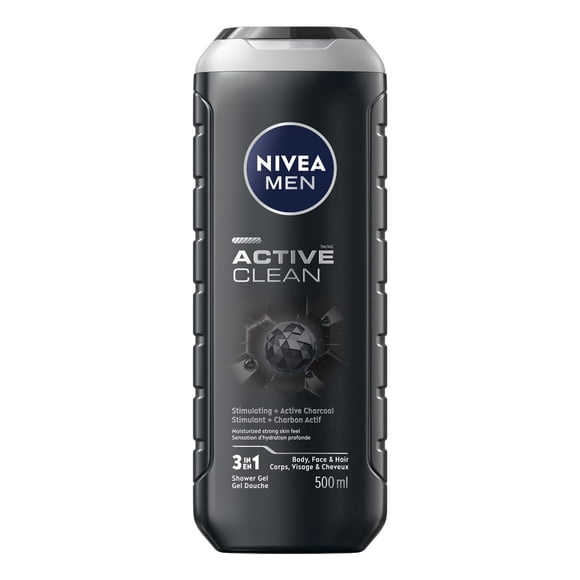 NIVEA Hommes Active Clean Gel Douche / Gel Douche 3-en-1 pour Hommes (Corps, Visage & Cheveux)
