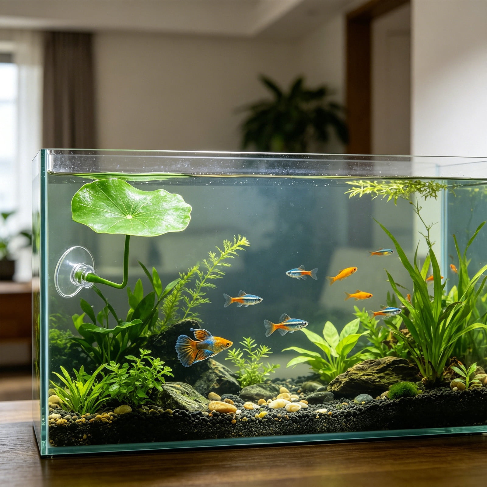 Lisbinx Artificial Aquarium Landscaping Leaf with Suction Cup, Green Plastic Fish Tank Décor for Hiding, Resting and Spawning, 1-Piece 6.2 cm