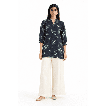 DWEEP SARA Kurti / Tunique Courte Droite à Imprimé Floral en Mélange de Rayonne Bleu Marine pour Femmes – M-38