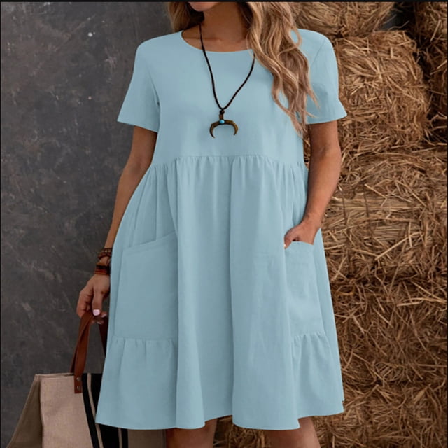 Robe d'Été pour Femmes 2024 Mode Grande Taille Décontractée Aguichant Col Rond Uni Manches Courtes Poches Robe Rabais de 50 % Liquidation!