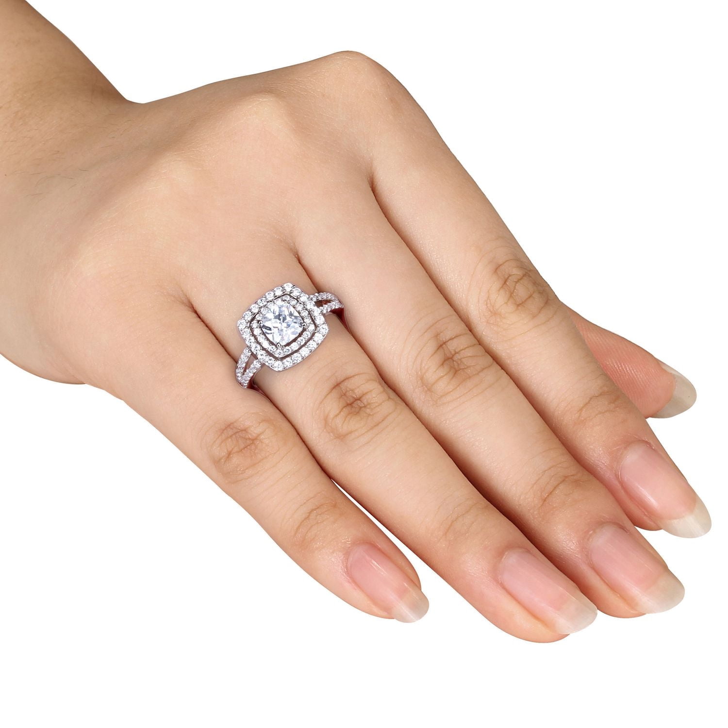 Bague de fiançailles de style auréole double avec zircons cubiques de 3 ct PBT en argent sterling de Miabella