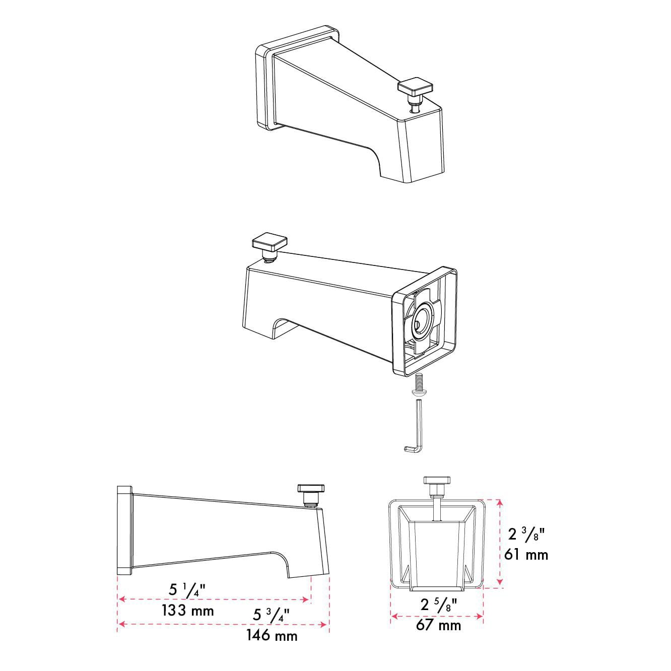 Bec de bain carré d'akuaplus® avec déviateur escamotable et raccord lisse 1/2 po.