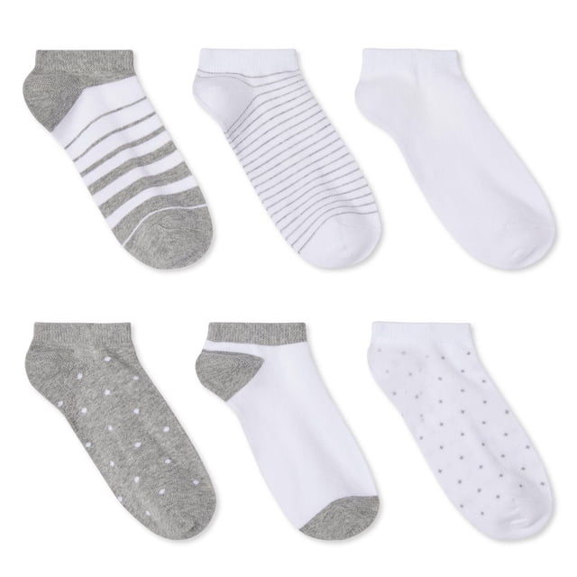 George Women's Low-Cut Socks 6-Pack with assorted grey and white designs including stripes, polka dots, stars, and solid patterns, all featuring ribbed cuffs and made from a breathable cotton blend ideal for everyday casual wear.