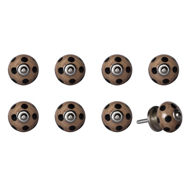KNOB-IT vintage handpainted ceramic knobs 8 pack with round beige knobs featuring black polka dots and silver metal bolt centers, arranged in two rows with one knob angled to show the threaded bolt; ideal for cabinet and drawer hardware updates and decorative furniture enhancements.