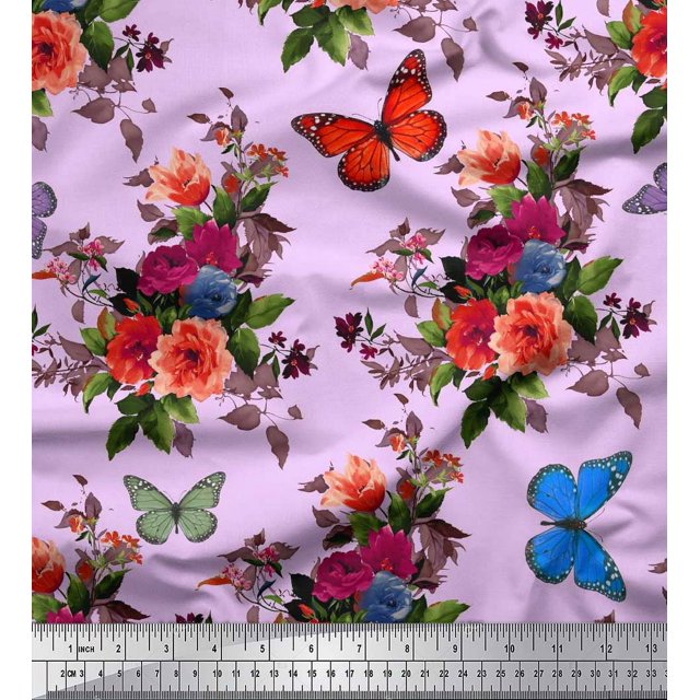 Soimoi Rayon Fabric Leaves, & Peony Floral Print Sewing Fabric Yard 42 Inch Wide