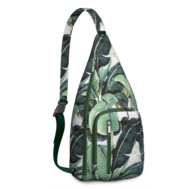 Boho Jungle Sling Backpack - Artistic Tropical Foliage Pattern Crossbody Bag, Multi-Pocket Organization