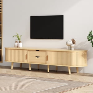 75inch TVTV Stand with 2 Drawer, 2 Sliding Doors, Oval TV Cabinet Storage with Rounded Corners, Media Console, TV Entertainment center for livingroom bedroom,68.9*15.7*16.5 inches, Wood Color