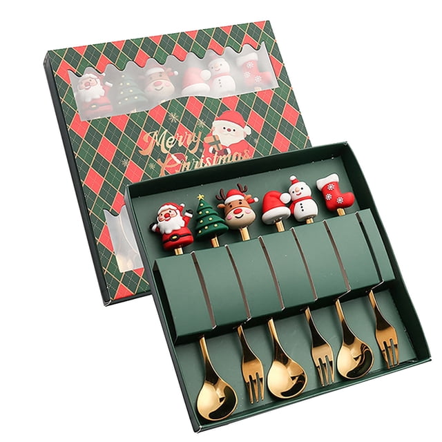 Oleegame 1PC Stainless Steel Cutlery Set Christmas Tableware Set Stainless Steel Spoon Gift Set Dessert Spoon Fork Coffee Spoon Christmas Pendant Spoon Tableware Set Gift