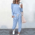 thumbnail image 3 of Mrat Womens Two Piece Outfits 2 Piece Jogging Sets Solid Polyester Long Sleeve Sweatsuits Sets Two Piece Track Suits Drawstring High Waist Pants Set Comfy Outfits D-Blue L, 3 of 5